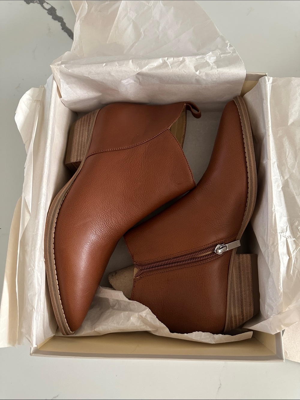 Marc Fisher Cognac Leather Ankle Booties with Side Zip